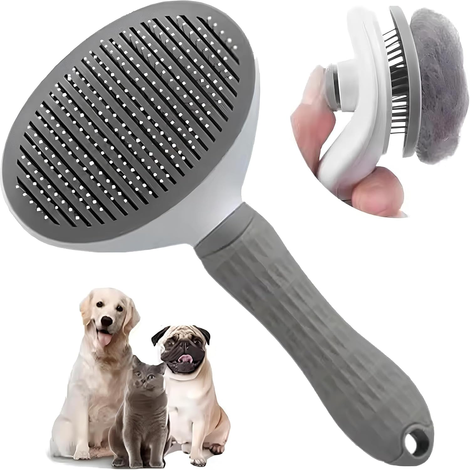 Gri Otomatik Temizlenen Tüy Toplama Tarağı – Basmalı Mekanizmalı Kedi Köpek Tarağı – Çelik İğneli – Cilt Dostu – Ergonomik Saplı – Uzun ve Kısa Tüyler İçin